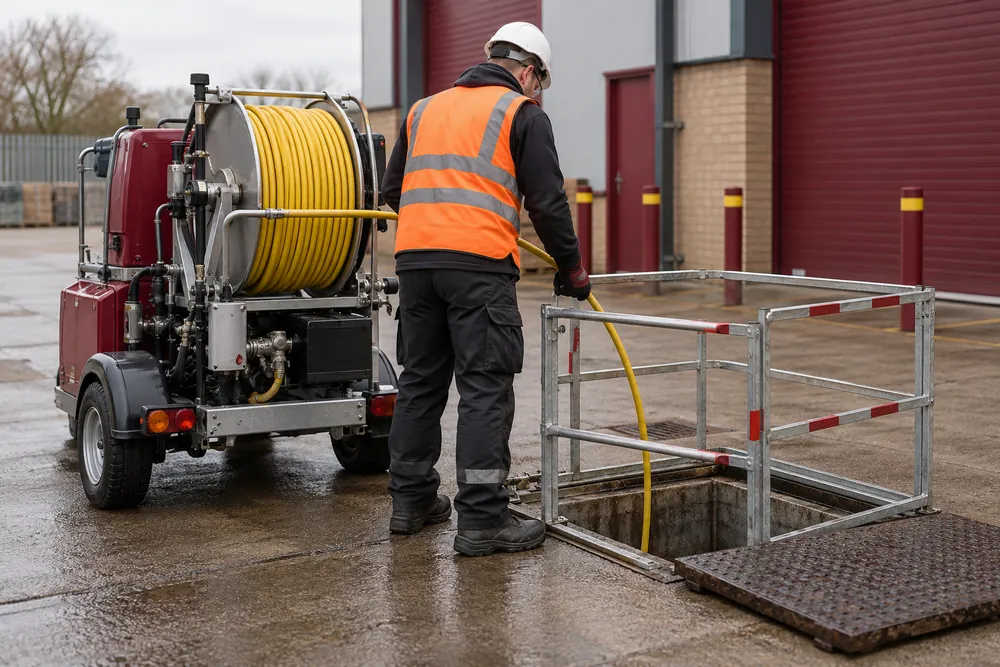 Drain jetting hose at an industrial site