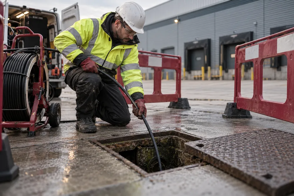 Protected drain access at a commercial warehouse
