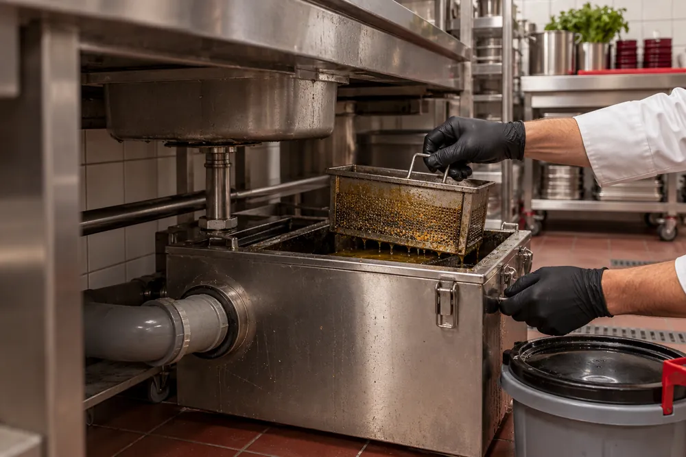 Grease separator beneath a commercial kitchen sink